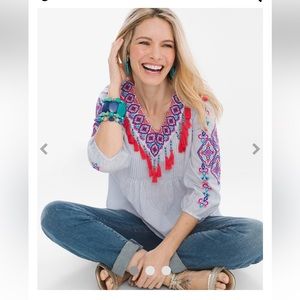 Chico’s pin striped tassel-trim top